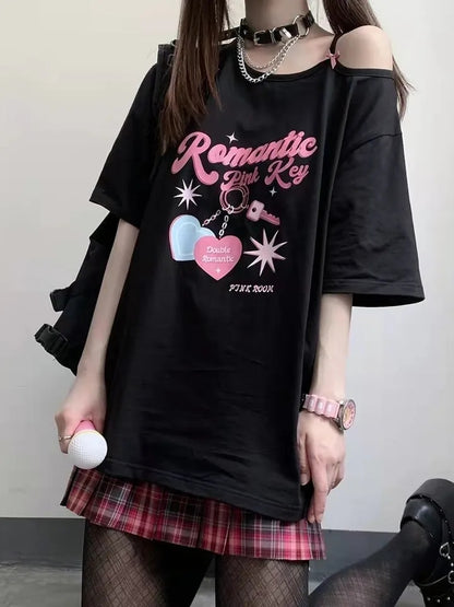 Sweet Pink Print Off Shoulder Short Sleeve T-shirt