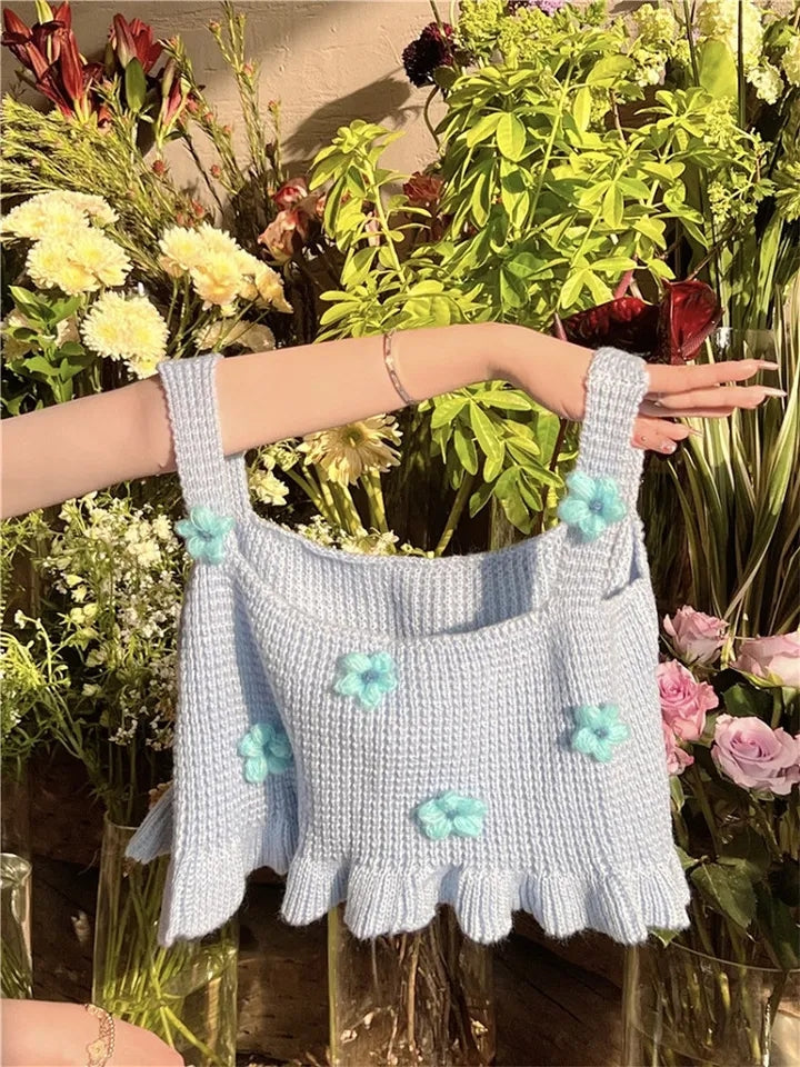 Blue Floral Knit Vest Tank Top