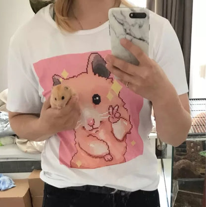 Cute Pastel Pink Happy Hamster Posing Star Print Oversized Short Sleeve Shirt Aesthetic Casual E-Girl Kawaii Korean Japanese Harajuku