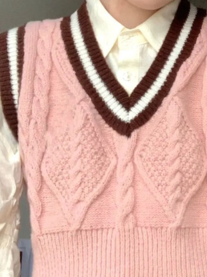 Pink Cable Knit V Neck Sweater Vest
