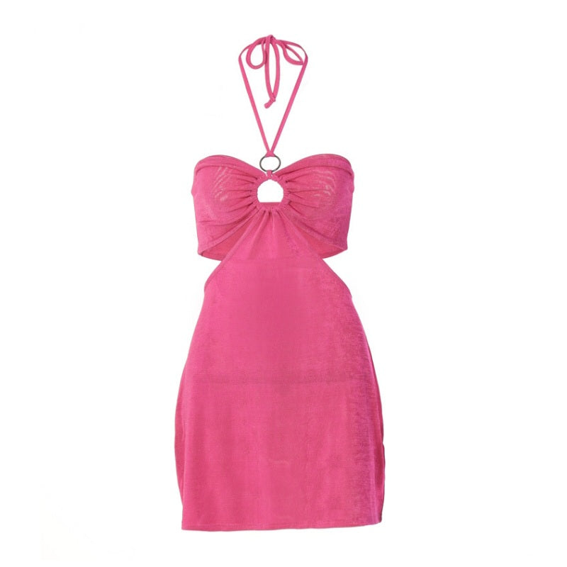 Pink Cut Out Halter Backless Dress