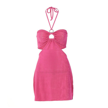 Pink Cut Out Halter Backless Dress
