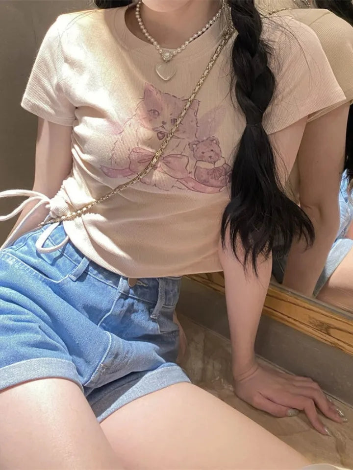 Cat Print Ribbed Short Sleeve T-shirt