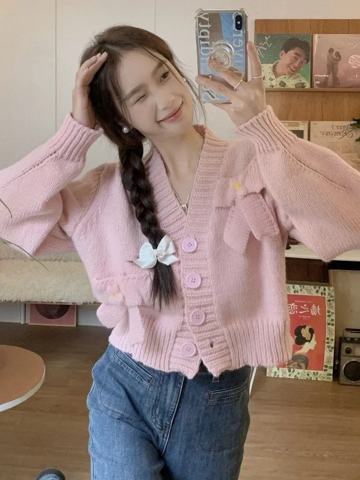 White Bow Knit Cardigan Sweater