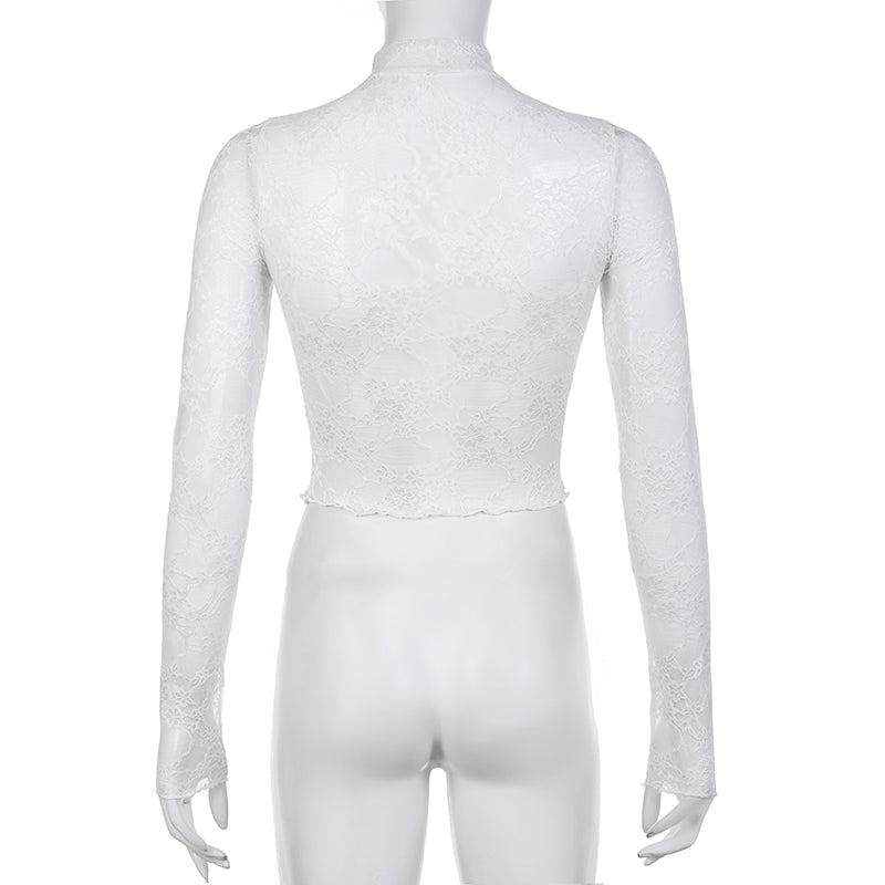 White Transparent Lace Turtleneck Crop Top