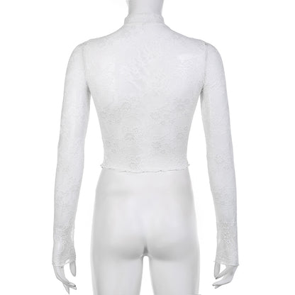 White Transparent Lace Turtleneck Crop Top