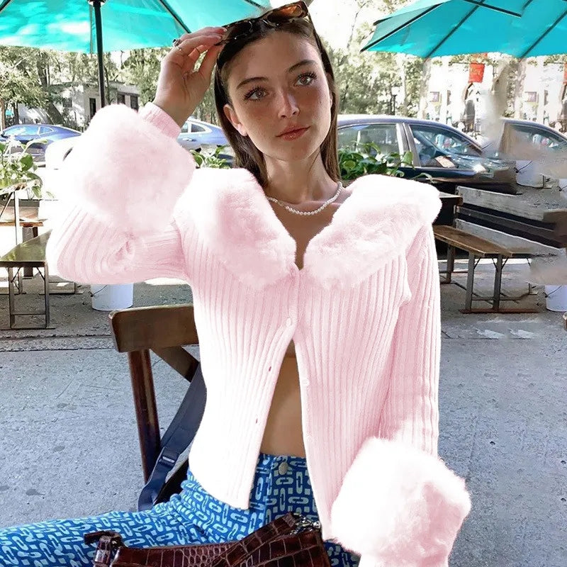 Pink Faux Fur Collar Long Sleeve Shirt