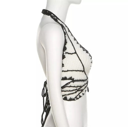 Cute Sexy Butterfly Crochet Halter Sleeveless Shirt Crop Top Camisole Beach Tunic Party Summer Aesthetic Casual E-Girl Kawaii Korean Japanese Harajuku