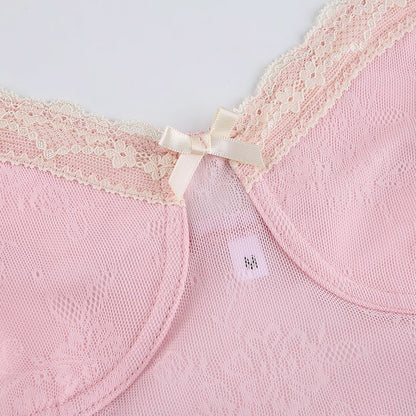 Cute Sexy Pink Sweet Lace Trim Bow Crop Top V Neck Transparent Sleeveless Shirt Summer Party E-Girl Kawaii Korean Japanese Harajuku Streetwear