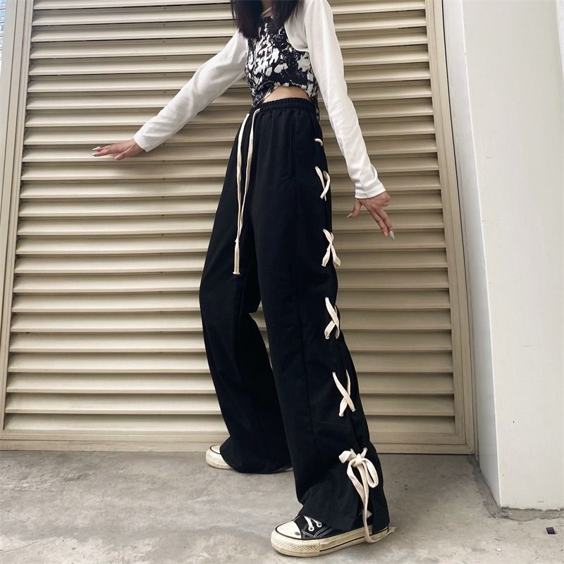 Black Side Bow Bandage High Waist Trousers