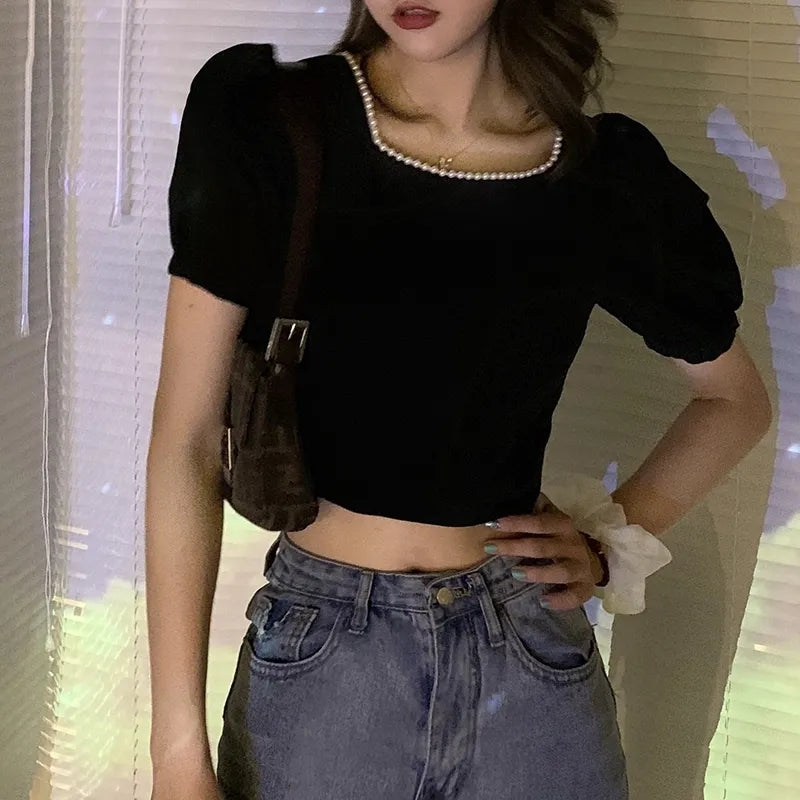 Black Pearl Lace Up Backless Puff Sleeve Blouse