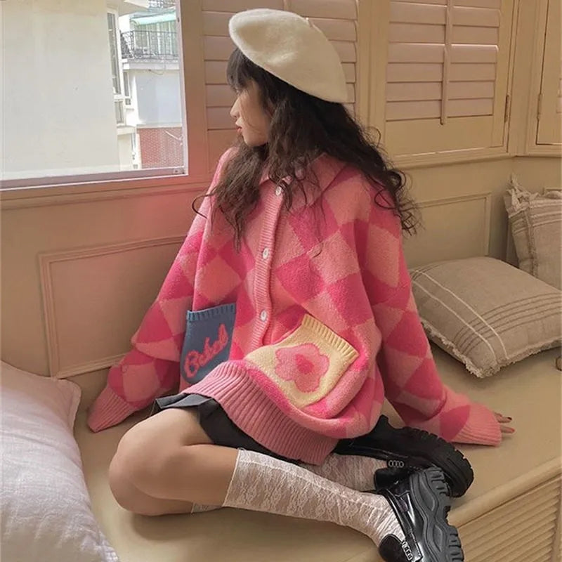 Colorful Checkered Oversized Cardigan Sweater