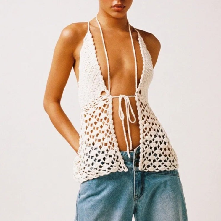 Crochet Front Tie Up Backless Vest