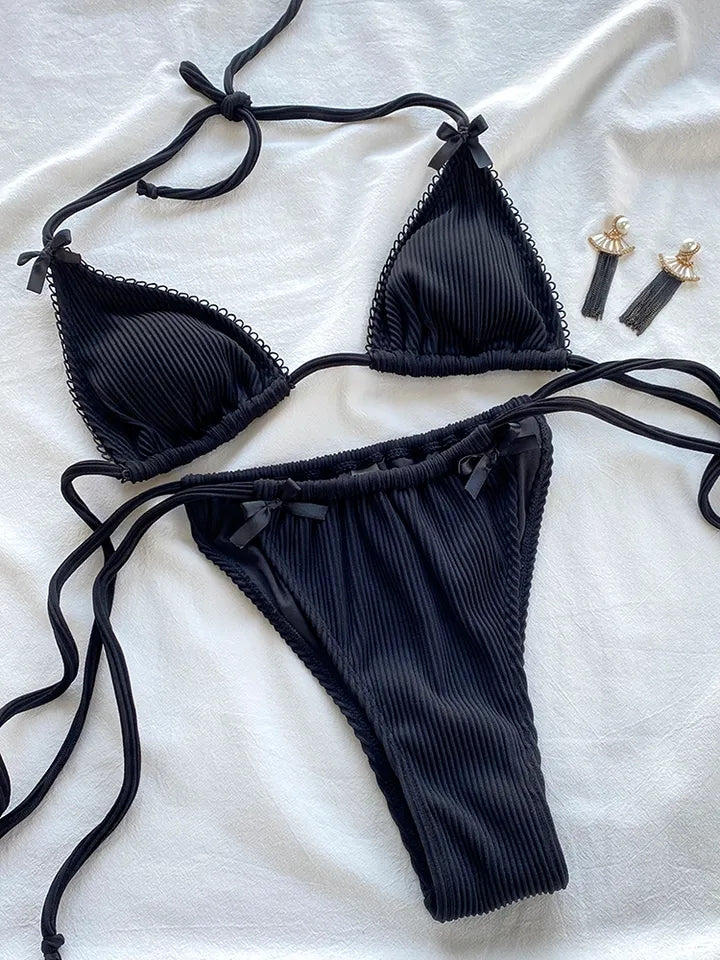 2PCS Black Bow Triangle Bikini Set