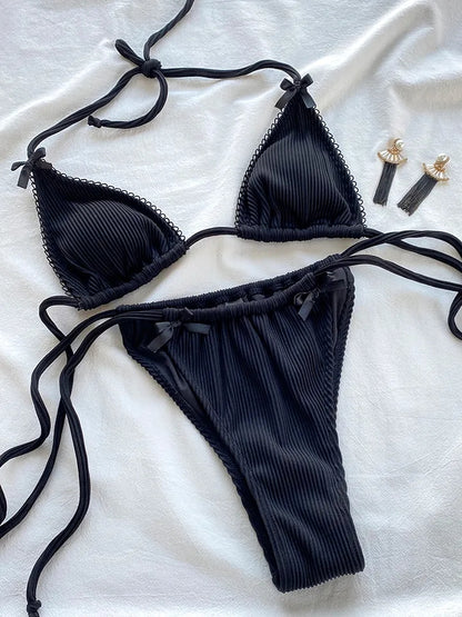 2PCS Black Bow Triangle Bikini Set