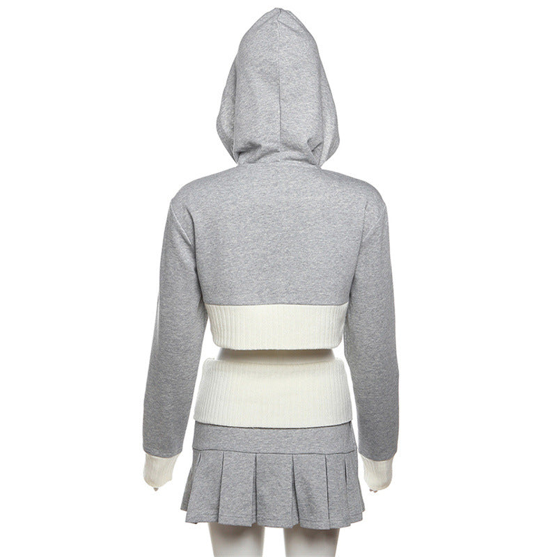 2PCS Grey Cropped Hoodie + Pleated Mini Skirt