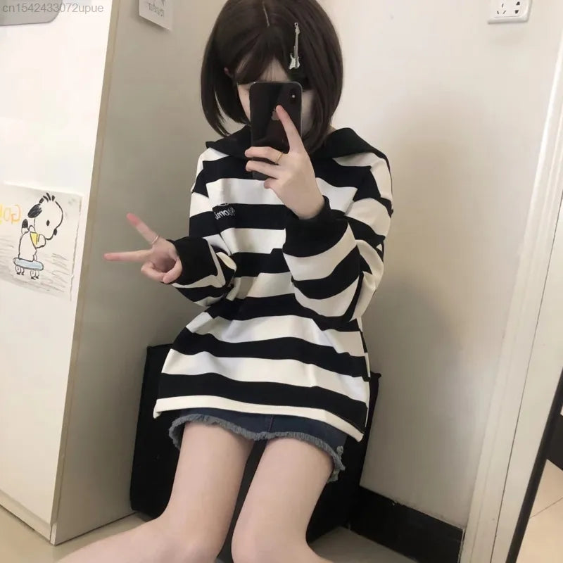 Japanese Anime Collar Stripe Long Sleeve Shirt