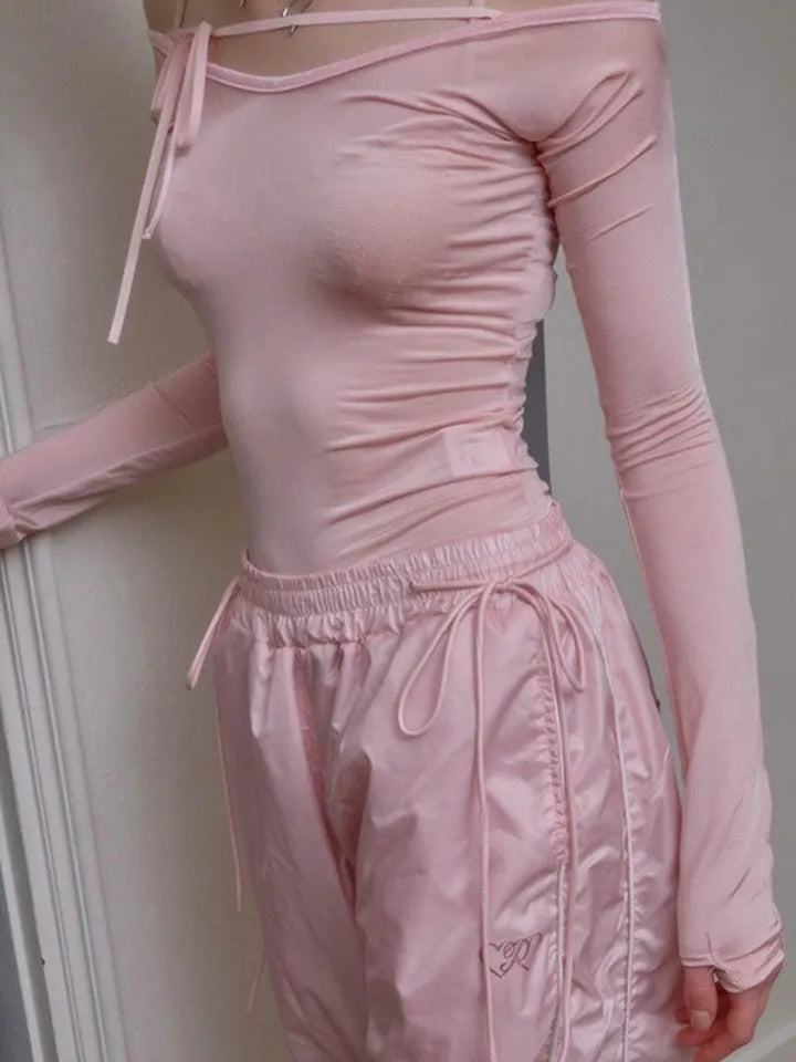Pink Bow Off Shoulder Long Sleeve Top