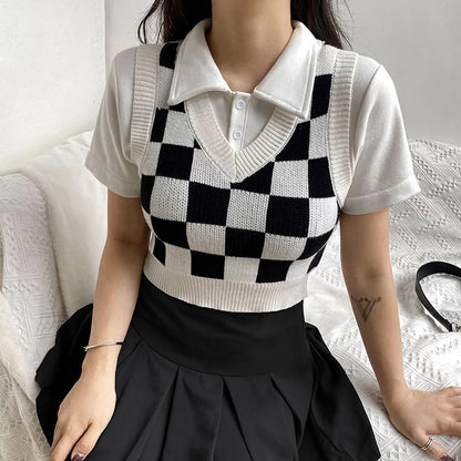 Cute Preppy Argyle Plaid Sweater Vest Sleeveless Knit Crop Top V Neck Shirt Aesthetic Casual Summer E-Girl Kawaii Korean Japanese Harajuku