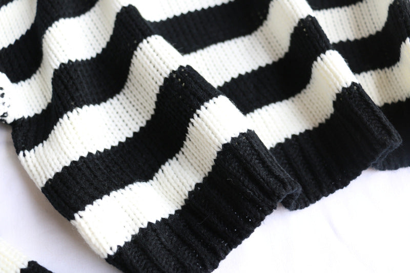 Cute Black White Stripe Loose Oversize Crop Sweater Long Sleeve Shirt Sweatshirt Pullover Casual E-Girl Kawaii Korean Japanese Harajuku Streetwear