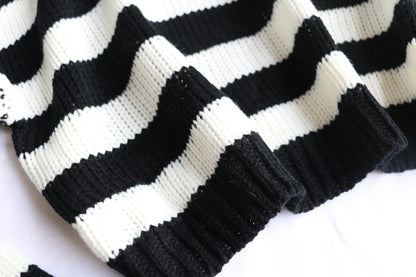 Cute Black White Stripe Loose Oversize Crop Sweater Long Sleeve Shirt Sweatshirt Pullover Casual E-Girl Kawaii Korean Japanese Harajuku Streetwear