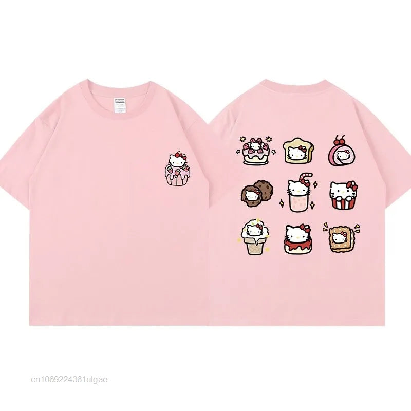 Cat Anime Dessert Print Short Sleeve T-shirt