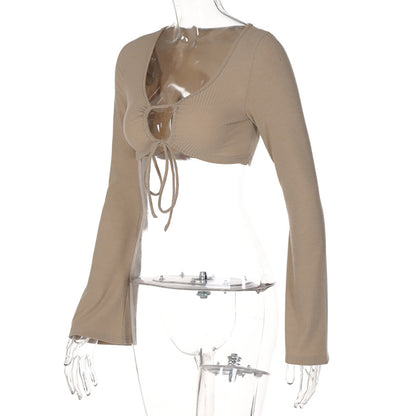Brown Ruched Bandage Flare Crop Top