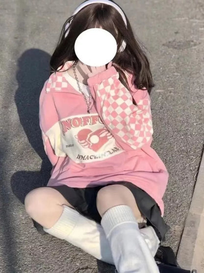 Pink Plaid Checkboard Zip Up Oversized Sweatshirt
