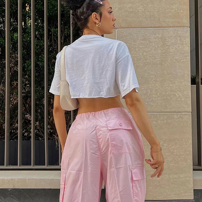 Pink Drawstring Low Waist Trousers