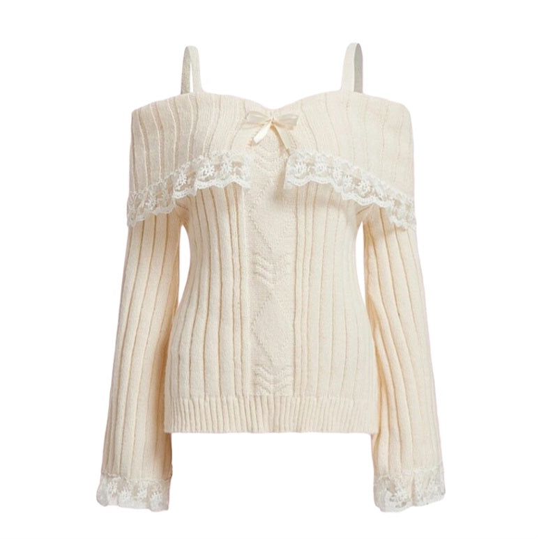 Pink Off Shoulder Bow Lace Sweater