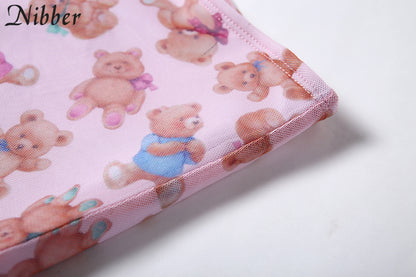 Cute Pink Bear Cartoon 90s Vintage Print Mesh Sheer Mini Skirt Bottom E-Girl Kawaii Korean Japanese Harajuku Retro Streetwear Fashion