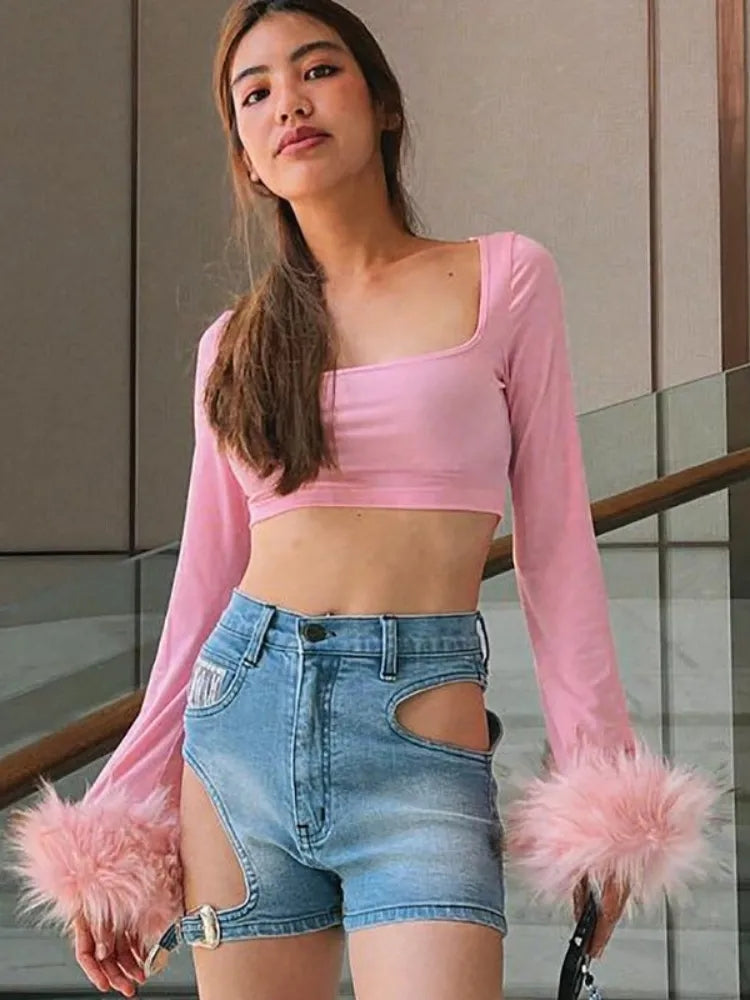 Pink Furry Cuff Long Sleeve Crop Top