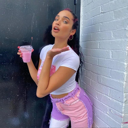 Cute 90s Vintage Hot Pink Car Print White Short Sleeve T-shirt Crop Top Aesthetic Casual E-Girl Kawaii Korean Japanese Harajuku