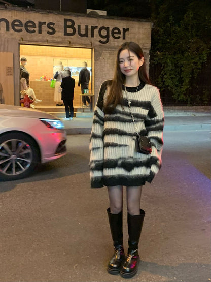 Black Stripe Knit Oversized Sweater