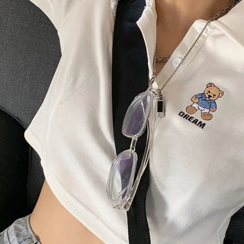 Teddy Bear Embroidery Polo Collar Short Sleeve Shirt