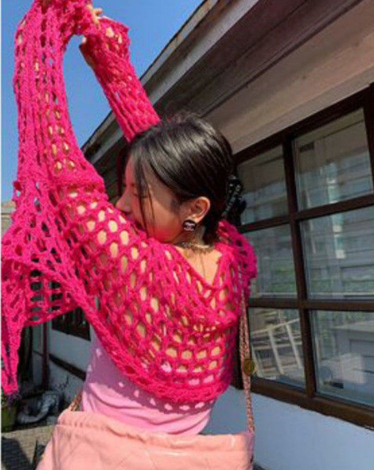 Pink Hollow Out Smock Knit Sweater