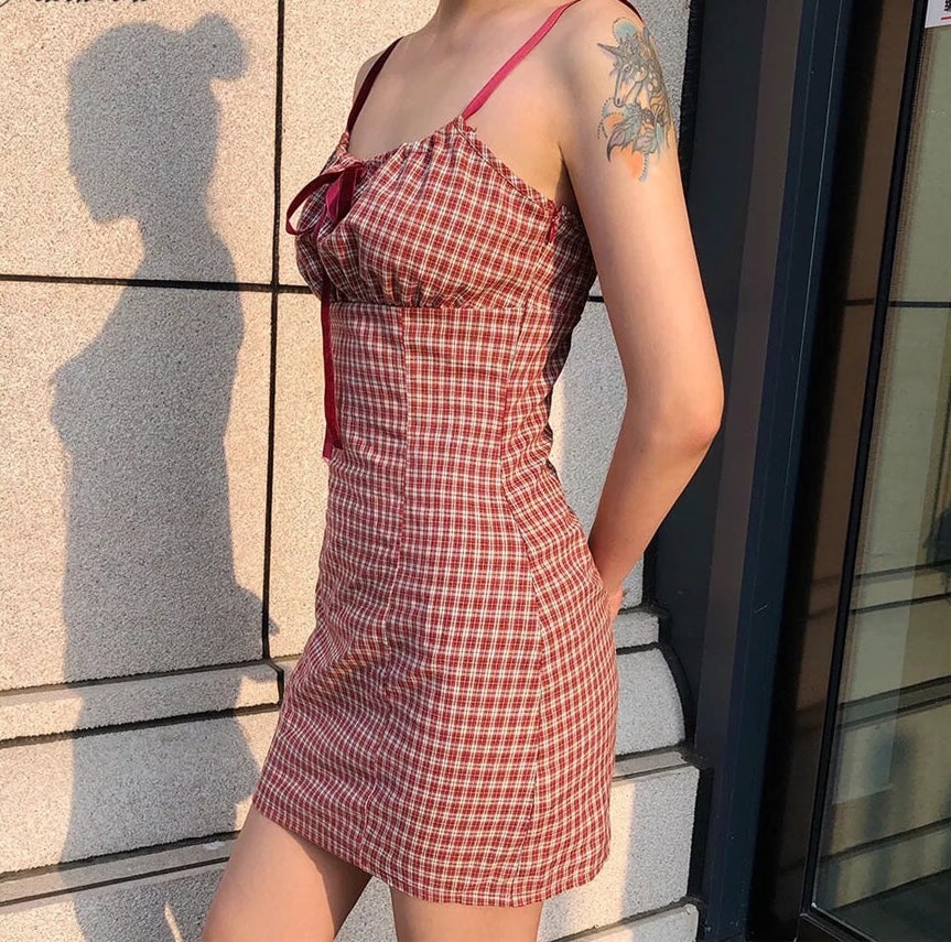 Cute Plaid Checkered A-line Spaghetti Strap Bow Summer Short Dress Kawaii Korean Japanese Harajuku Chinese Retro Streetwear Aesthetic Fashion