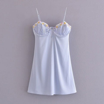 Light Blue Floral Embroidery Mini Dress