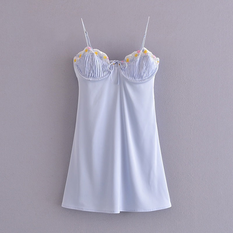 Light Blue Floral Embroidery Mini Dress