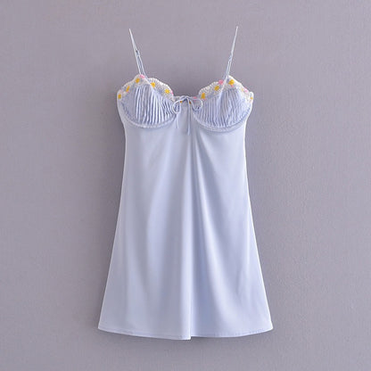 Light Blue Floral Embroidery Mini Dress