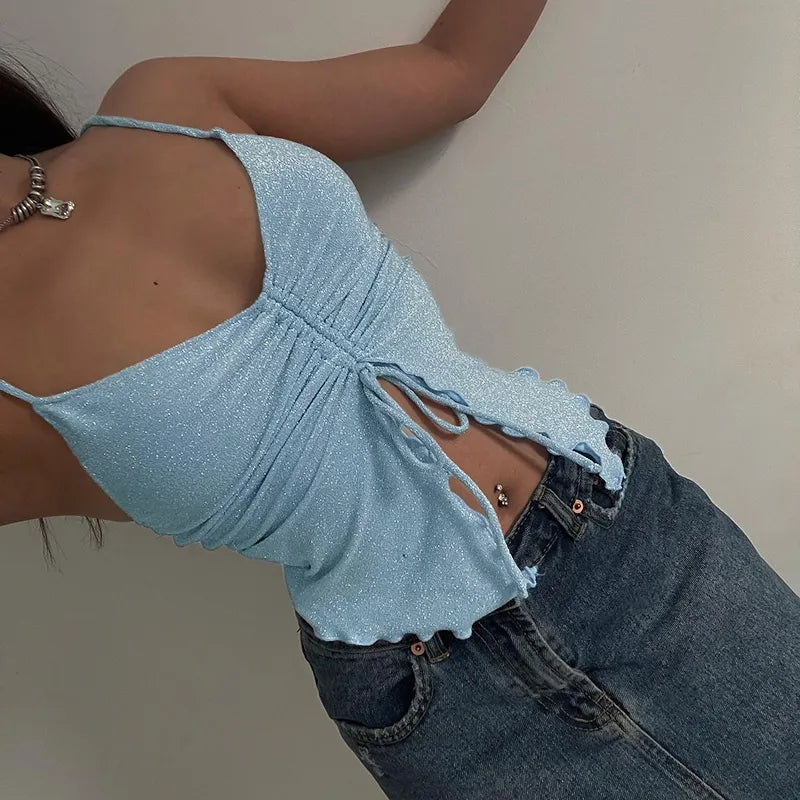 Blue Glitter Ruched Tank Top