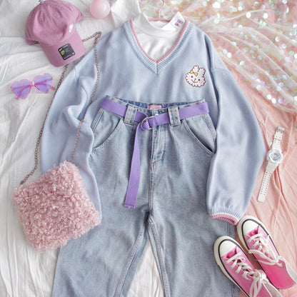 Cute Bunny Rabbit Embroidery Preppy Knit V Neck Vest Sweater Sweatshirt Loose Jumper Pullover Casual E-Girl Kawaii Korean Japanese Harajuku Streetwear