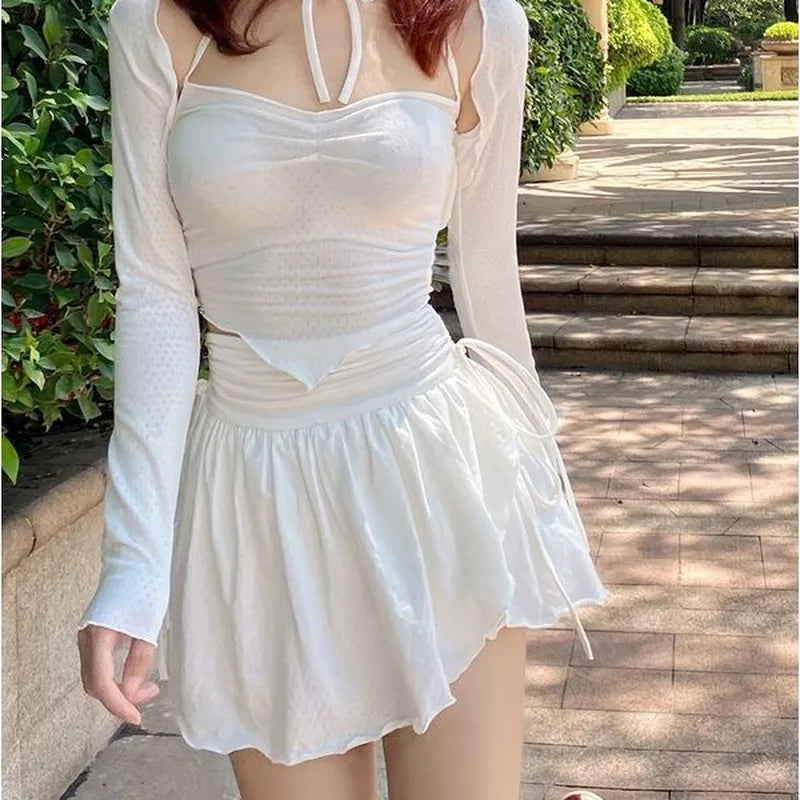 White Ruffle Drawstring High Waist Mini Skirt Fairycore Aesthetic Casual E-Girl Kawaii Korean Japanese Harajuku