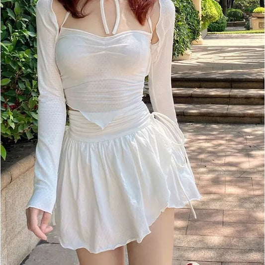 White Ruffle Drawstring High Waist Mini Skirt Fairycore Aesthetic Casual E-Girl Kawaii Korean Japanese Harajuku