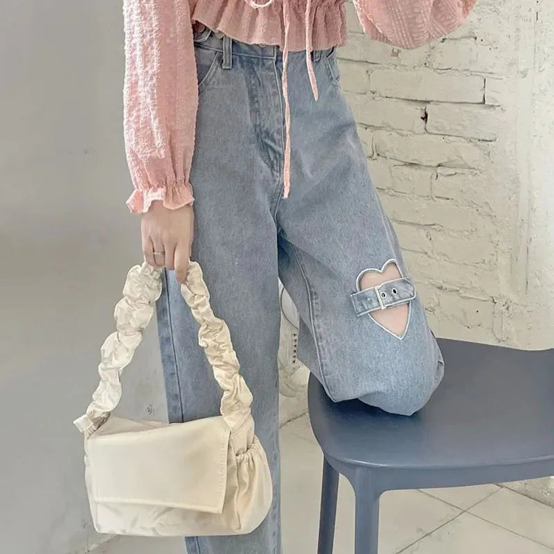 Heart Cut Out Buckle Light Blue Jeans