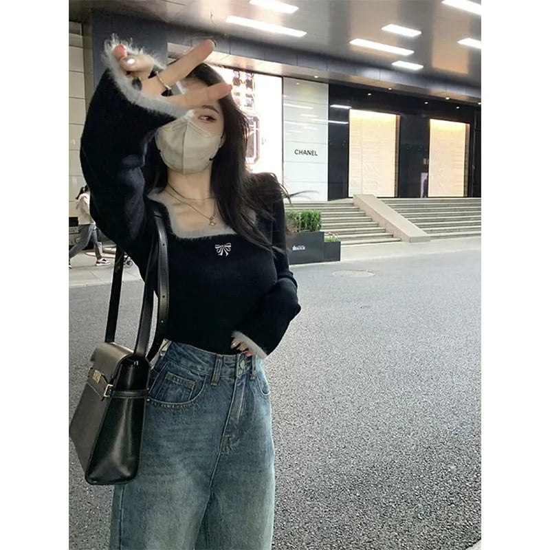 Black Bow Fluffy Square Collar Jumper