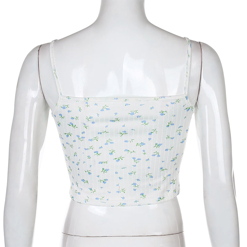 Cute Floral Print Lace Spaghetti Strap Camisole Crop Top Shirt Tee T-shirt E-Girl Kawaii Korean Japanese Harajuku Chinese Retro Streetwear Aesthetic