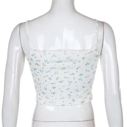 Cute Floral Print Lace Spaghetti Strap Camisole Crop Top Shirt Tee T-shirt E-Girl Kawaii Korean Japanese Harajuku Chinese Retro Streetwear Aesthetic