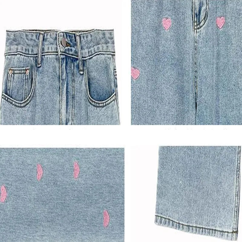 Pink Heart Embroidery Denim Jeans