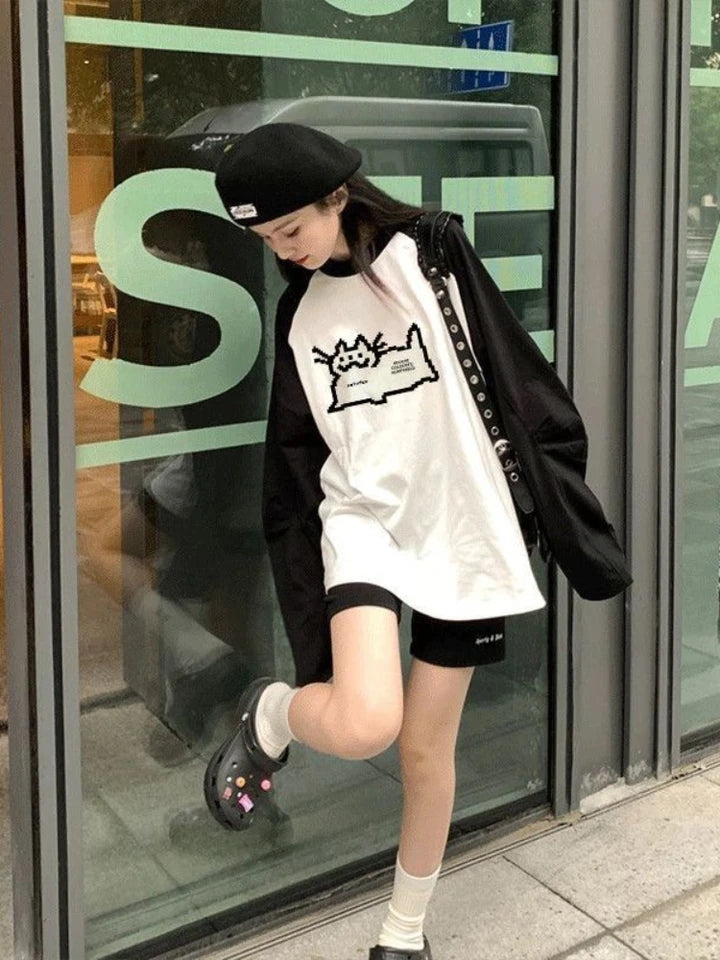 Cat Pixel Print Long Sleeve Shirt